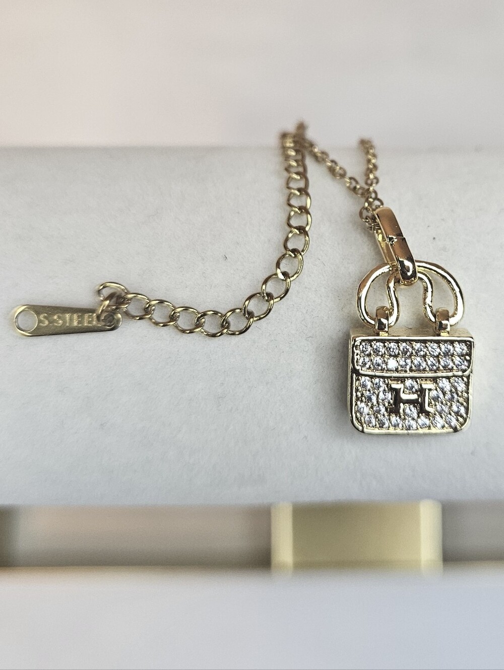 Gold-tone Purse Pendant Necklace with Crystal Accents NWT Stainless Steel - Picture 5 of 7